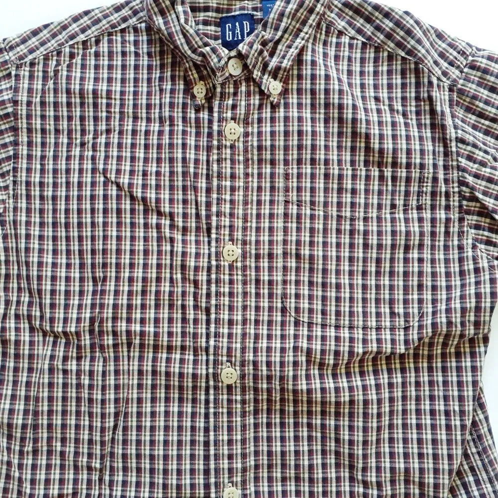 Gap Boys Shirt Button Down Red Tan Green Plaid Short Sleeve XS
